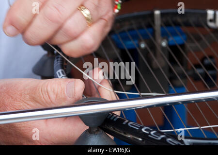 Tennisschläger Bespannung Maschine repariert wird Stockfoto