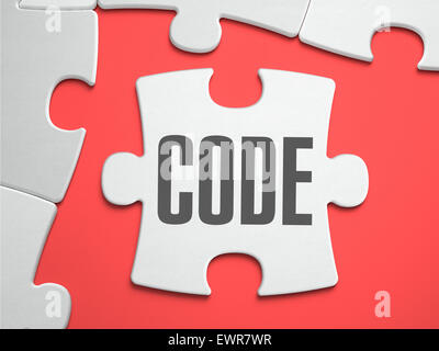 Code - Text auf Rätsel an der Stelle der fehlenden Teile. Scarlett-Background. Close-up. 3D Illustration. Stockfoto