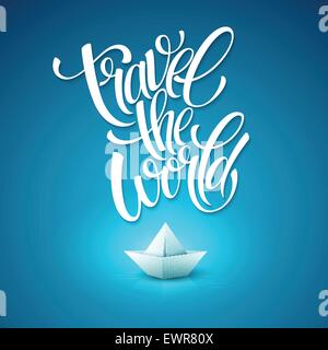 Reisen Sie die Welt Schriftgestaltung mit Papierboot Stock Vektor