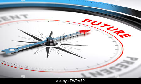 Kompass mit Nadel zeigt das Wort Zukunft. Konzeptionelle Darstellung geeignet für Motivation Zweck oder Zukunftsvision. Stockfoto