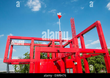 Parc De La Villette, Wissenschaft und Kultur-Zone, Bezirk, Stadt der Wissenschaft und Industrie, Gärten, Torheiten, darunter Konzert-Locations. Stockfoto