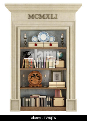 Bibliothek im klassischen Stil mit alten Büchern und Vintage Objekte isoliert auf weiss - 3D Rendering Stockfoto