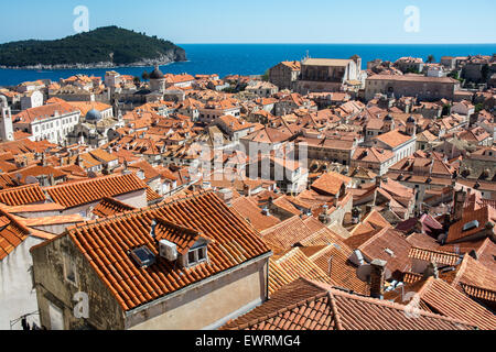 Terracotta Dach Szene der alten Stadt mit Lokrum Insel im Hintergrund, Dubrovnik, Kroatien Stockfoto