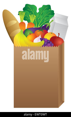 Lebensmittelgeschäft braune Papiertüte Essen Gemüse Obst Brot Milch Karton Farbe Illustration Stockfoto