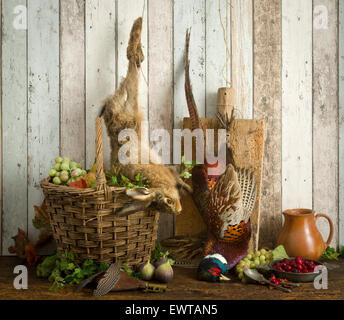 Antike alte Meister Jagd Stillleben mit Fasan und Hase Stockfoto