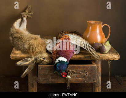 Antike alte Meister Jagd Stillleben mit Fasan und Hase Stockfoto