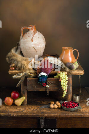 Antike alte Meister Jagd Stillleben mit Fasan und Hase Stockfoto