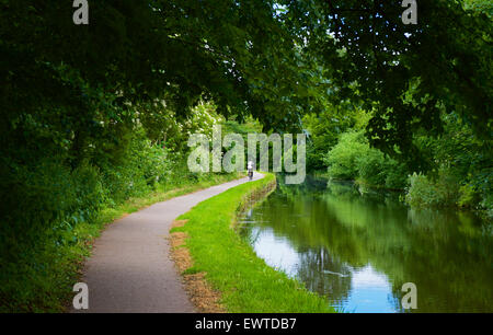 Radfahrer am Leinpfad des Lancaster-Kanals, in der Nähe von Lancaster, England UK Stockfoto