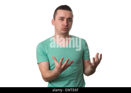 Junger Mann sucht schockiert und überrascht In voller Unglauben Hände sich In Luft - Isolated On White Background Stockfoto