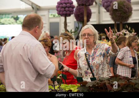 East Molesey, Surrey, UK. 30. Juni 2015. Besucher diskutieren Blumen im Festzelt an der RHS Hampton Court Palace Flower Show auf seinem 25. Anniversar Kredit: Keith Larby/Alamy Live News Stockfoto