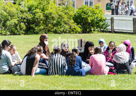 Gruppe von hauptsächlich muslimische Schülerinnen sitzen im Feld, Skagen, Region Nord-Jütland, Dänemark Stockfoto