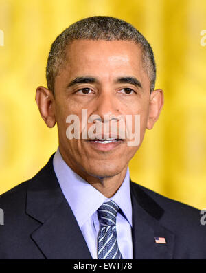 Washington DC, USA. 30. Juni 2015. US-Präsident Barack Obama hält eine gemeinsame Pressekonferenz mit Präsidentin Dilma Rousseff von Brasilien (nicht abgebildet) im East Room des weißen Hauses in Washington, DC auf Dienstag, 30. Juni 2015. Kredit: Ron Sachs/CNP - NO WIRE SERVICE - Kredit: Dpa picture-Alliance/Alamy Live News Stockfoto