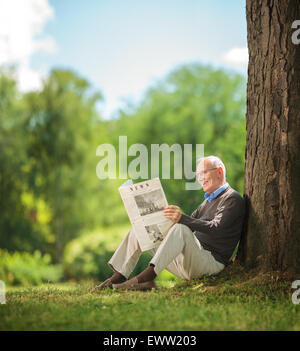 Entspannte senior Gentleman, lesen eine Zeitung auf dem Rasen im Park sitzen und genießen einen schönen sonnigen Sommertag Stockfoto