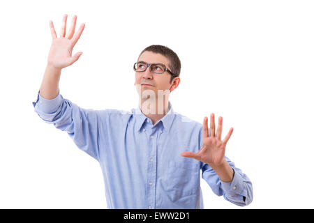 Geschäftsmann, Taste, isoliert auf weiß Stockfoto