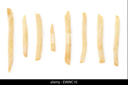 Reihe von einzelnen Pommes frites isoliert Stockfoto