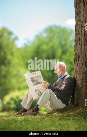 Vertikale Schuss von einem senior Mann liest Zeitung im Park und an einen Baum gelehnt, an einem Sommertag Stockfoto