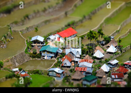 Tilt Shift Effekt Blick auf Reisfelder Terrassen und Dorf beherbergt in Ifugao Provinz Bergen. Banaue, Philippinen UNES Stockfoto