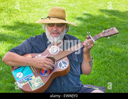 Ein Mann sitzt auf einer Wiese und spielt die Gitarre an einem Sommertag in Farewell Bend Park, Bend, Oregon Stockfoto