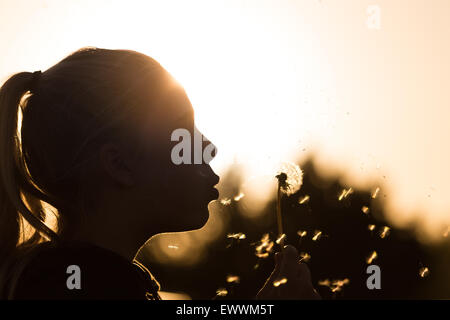 Teenager-Mädchen Hintergrundbeleuchtung von der Sonne bläst einen Löwenzahn Samen Kopf Samen fangen das Sonnenlicht Textfreiraum, Bild oben rechts Stockfoto