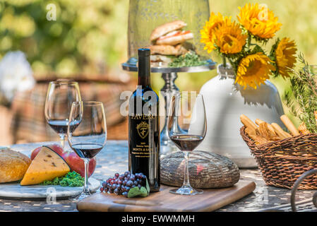 Wein & Käse Teller am Tisch mit Sonnenblumen im Napa Valley Stockfoto