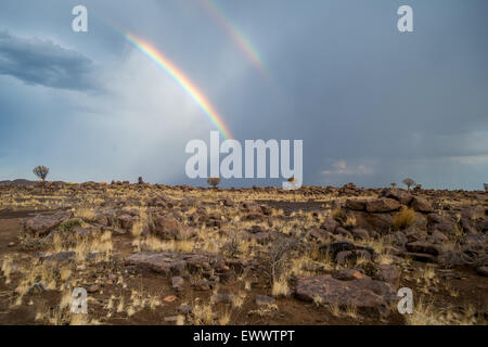 Keetmanshoop, Namibia - Köcherbaumwald mit Regenbogen über Kopf auf dem Spielplatz der Riesen Stockfoto