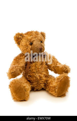 Spielzeug des Kindes zottigen Teddybär mit braunen Band Rundhals Stockfoto