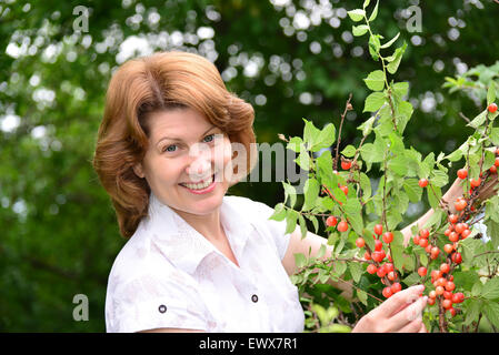 Eine Frau erntet Kirschen im Garten Stockfoto