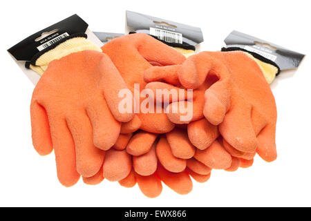 Vier Paare von orange und gelbe Antirutsch Latex beschichtet und gestrickte nahtlose Sicherheit tragen Arbeitshandschuhe Stockfoto