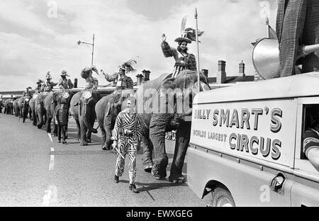 Billy Smart Zirkus, sobald ein regelmäßiger Blick auf Hügeln Wiese, Lesung gemacht ein dramatisches Schauspiel als seine größte Teilnehmer mit dem Zug ankamen. Ihre Elefanten-Interpreten im August 1970 an General Reading Station angekommen und ihren Weg bis Station Hill vorgeführt, Stockfoto