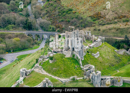 Luftaufnahmen der Corfe Castle Dorset Vereinigtes Königreich Stockfoto