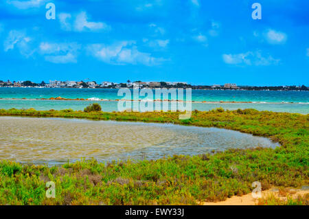 Ansicht der Estany Des Peix Lagune, in natürlichen Park von Ses Salines, in Formentera, Balearen, Spanien Stockfoto