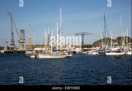 Yachten zu Liegeplätzen im Hafen, Falmouth, Cornwall, England, UK Stockfoto