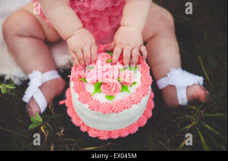 Schuss von Babymädchen sitzen auf dem Rasen berühren rosa Rosen auf Geburtstagskuchen beschnitten Stockfoto