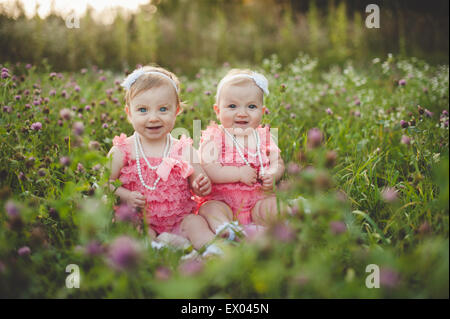 Porträt von Baby-Zwillings-Schwestern sitzen in Wildblumenwiese tragen rosa Party Kleider Stockfoto