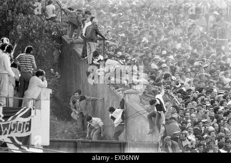 Warnung: GRAPHIC CONTENT Juventus V Liverpool, 1985 Europacup-Finale, Heysel-Stadion, Brüssel, Mittwoch, 29. Mai 1985. Katastrophe von Heysel-Stadion. 39 Menschen, meist Juventus-Fans, starb, als Raketen geworfen durch beide Sätze von Fans über eine Na entkommen Stockfoto