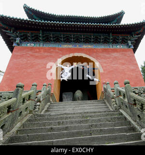 Taoistischen Mönch üben Wudang Kampfkunst im Wudang Gebirge, China am 17. April 2015. Stockfoto