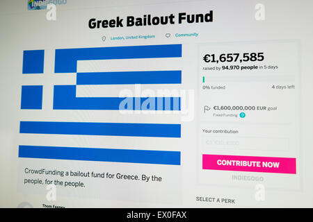 London, UK.  3. Juli 2015.  Eine Crowdfunding, die griechischen Rettungsschirm Online-für die Menschen in Griechenland auf der Website von Indiegogo von Thom Feeney eingerichtet erreicht eine Summe von €1.657.585 Euro kurz nach 14:00 MEZ.  Als Geld sind fließt dort 4 Tage Zeit, um das Ziel der €1,600,000,000 Euro-Ziel zu erreichen.  Kathy DeWitt/AlamyLiveNews Stockfoto