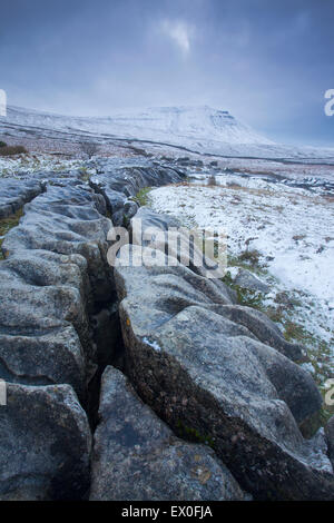 Kalkstein Pflaster und Schnee begrenzt Ingleborough Hügel am Southerscales Nature Reserve, Kingsdale, Yorkshire Dales, UK Stockfoto