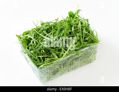 Rucola Blätter in Kunststoff-container Stockfoto