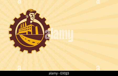 Visitenkarte zeigt Abbildung der Fabrik Arbeiter Mechaniker Kaufmann mit Fabrikgebäude Satz innen Cog mechanische Getriebe im retro-Stil gemacht. Stockfoto