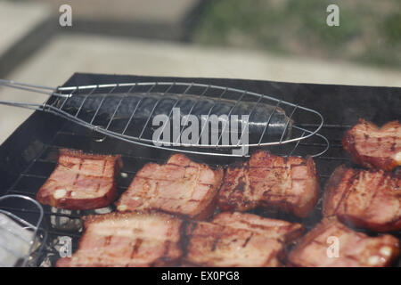 Grillen Fleisch auf Holzkohlefeuer Closeup Bild. Stockfoto