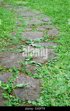 Gartenweg mit Naturstein in einem herbstlichen Garten gepflastert