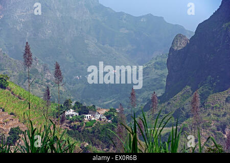 Blick über das Tal Ribeira Grande auf der Insel Santo Antão, Cape Verde / Cabo Verde, Westafrika Stockfoto