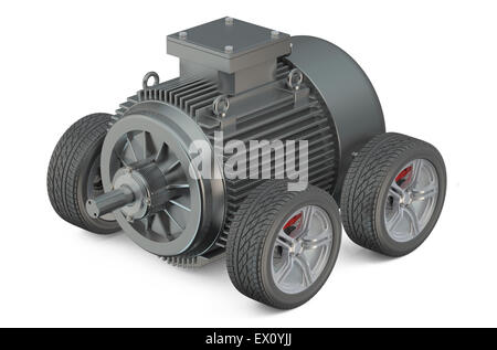 Elektro-Auto 3d Konzept - motor auf Rädern isoliert auf weißem Hintergrund Stockfoto