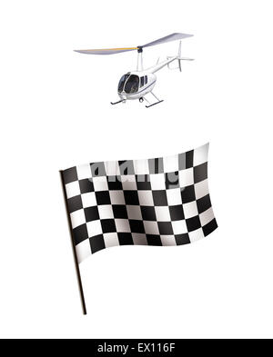 Abbildung von Racing Flagge und Hubschrauber isoliert auf weißem Hintergrund Stockfoto