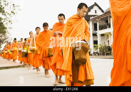 Mönche, die Verarbeitung für Almosen in den frühen Morgenstunden, ein 1.000 - jährigen Tradition in Luang Prabang, Laos. Stockfoto