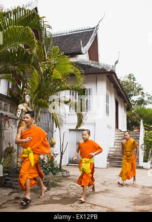 Novizen ausgeführt, um das Frühstück im Wat Nong Sikhunmeuang. Luang Prabang, Laos. Stockfoto