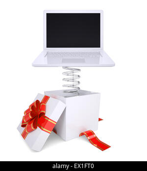 Geschenk-Box mit rotem Band und laptop Stockfoto