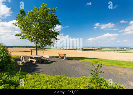 Eine Parkbank und Tisch unter einem Baum mit Blick auf die wunderschöne Landschaft in der nördlichen Eifel in Deutschland, mit Blick auf den Rhein v Stockfoto