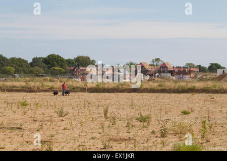 Neues Haus bauen auf der grünen Wiese. Dogwalker verpflichtet, abweichend vom öffentlichen Fußweg Alternativroute. Stalham. Stockfoto